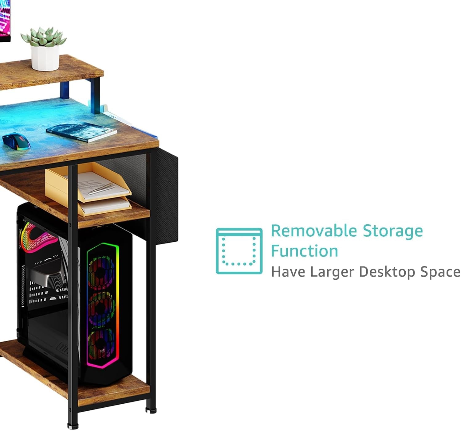 Gaming Desks with Led Lights and Power Outlets, 55 Inch Computer Desk with File Drawers Cabinet, Home Office Desk with Shelves Monitor Stand, Black