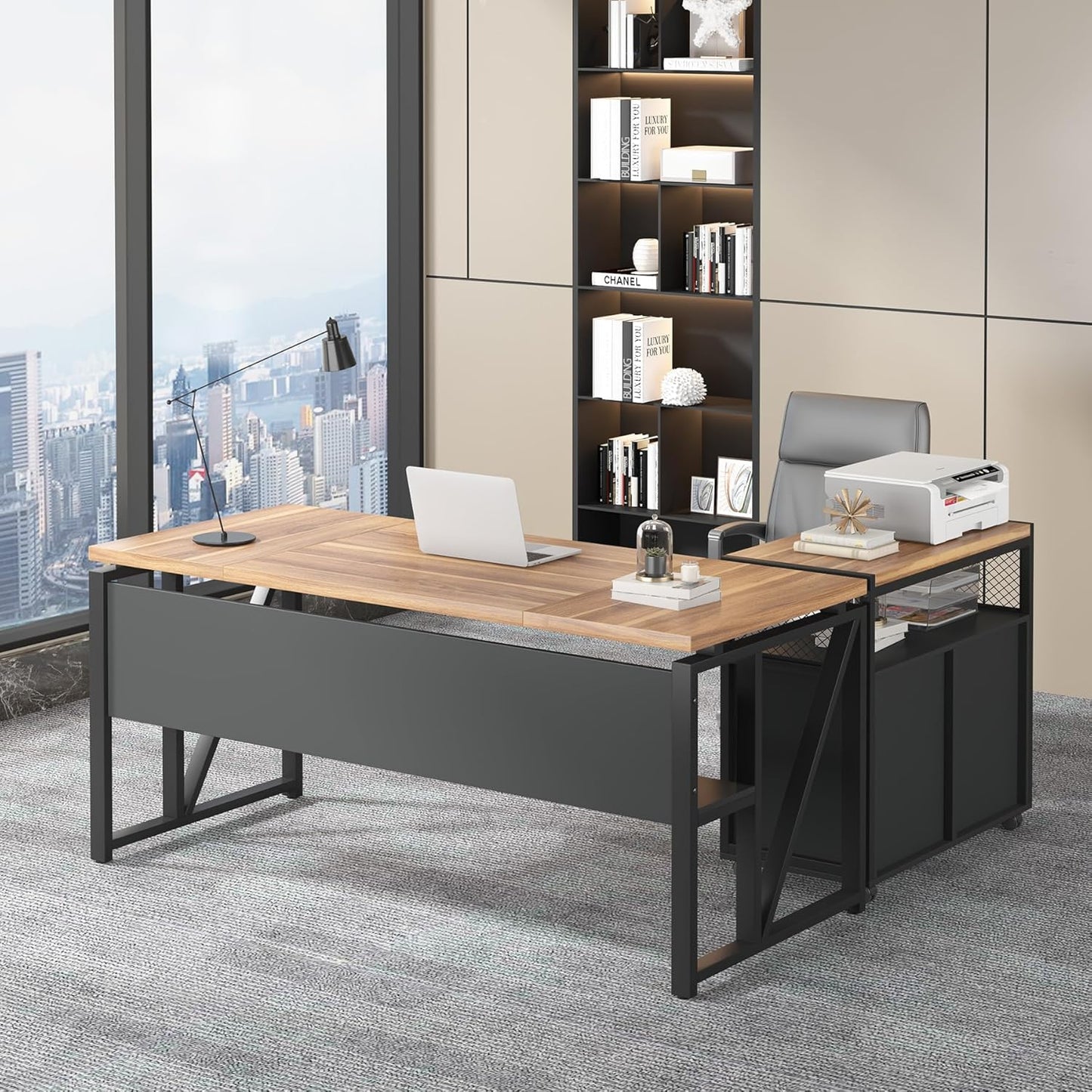 63" Executive Desk with Reversible File Cabinet, Large L-Shaped Office Desk with Drawers, Business Furniture Workstation for Home Office