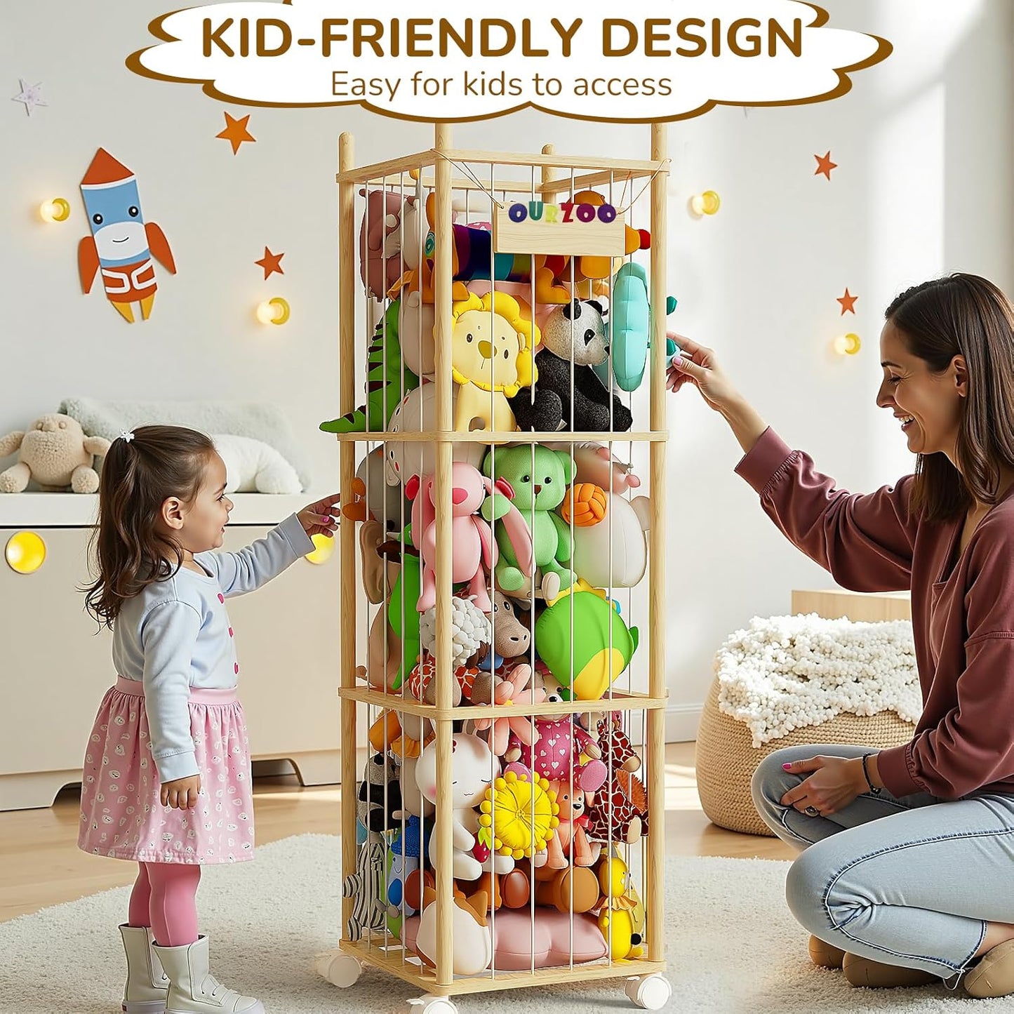 Stuffed Animal Storage Zoo with Wheels and Twinkling Bee String Lights, 55.12Inch Large Wooden Stuffed Animal Storage & Organizer with Elastic Cord Kids Plush Toy Storage for Nursery Playroom