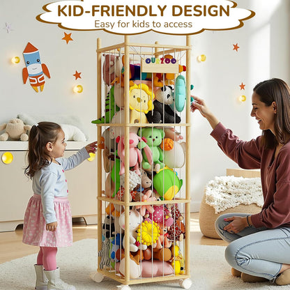 Stuffed Animal Storage Zoo with Wheels and Twinkling Bee String Lights, 55.12Inch Large Wooden Stuffed Animal Storage & Organizer with Elastic Cord Kids Plush Toy Storage for Nursery Playroom