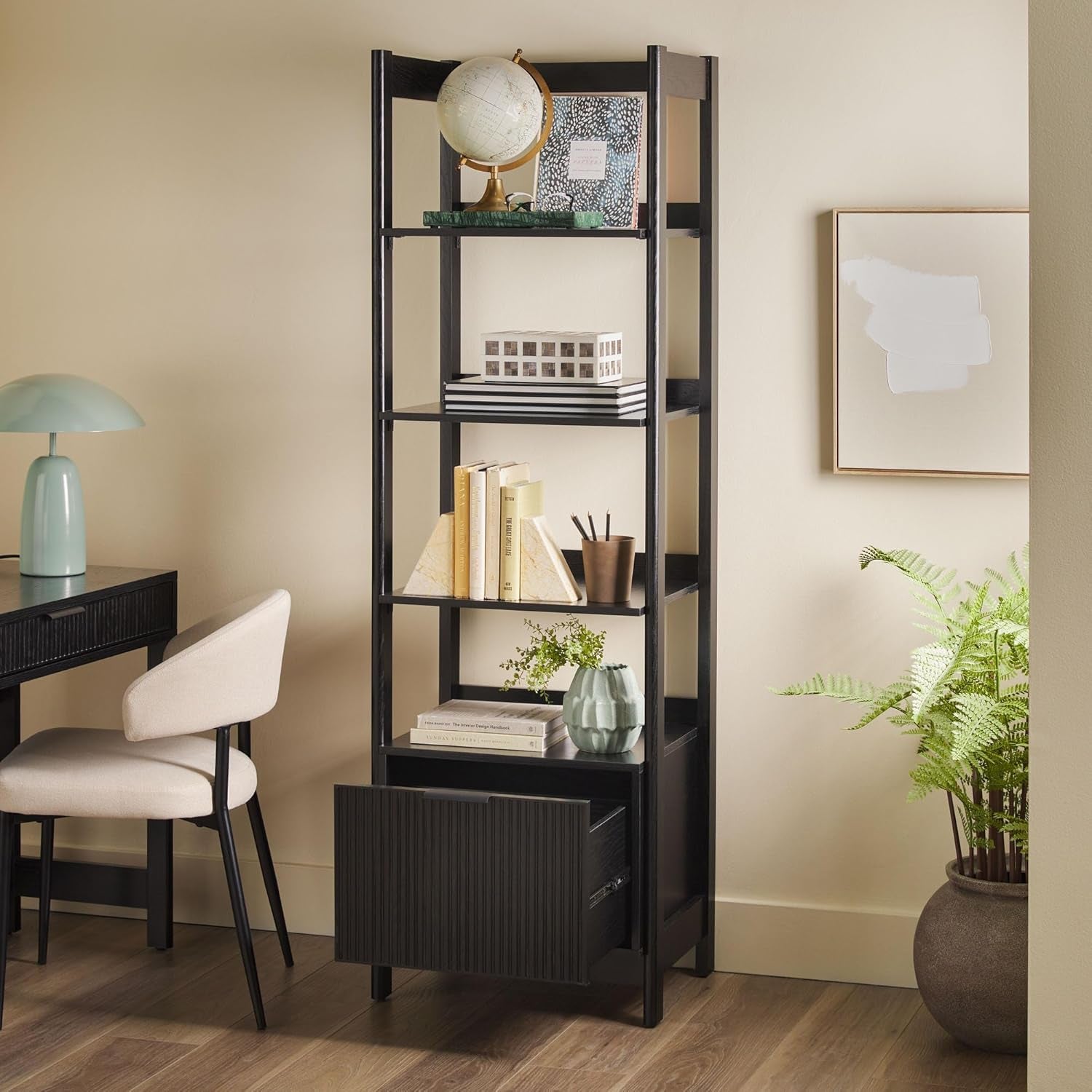 Transitional Reeded Narrow Open Bookshelf with Drawer Home Office Living Room, Bedroom, 4-Shelf Bookcase with Bottom Storage, 22 Inch, Black