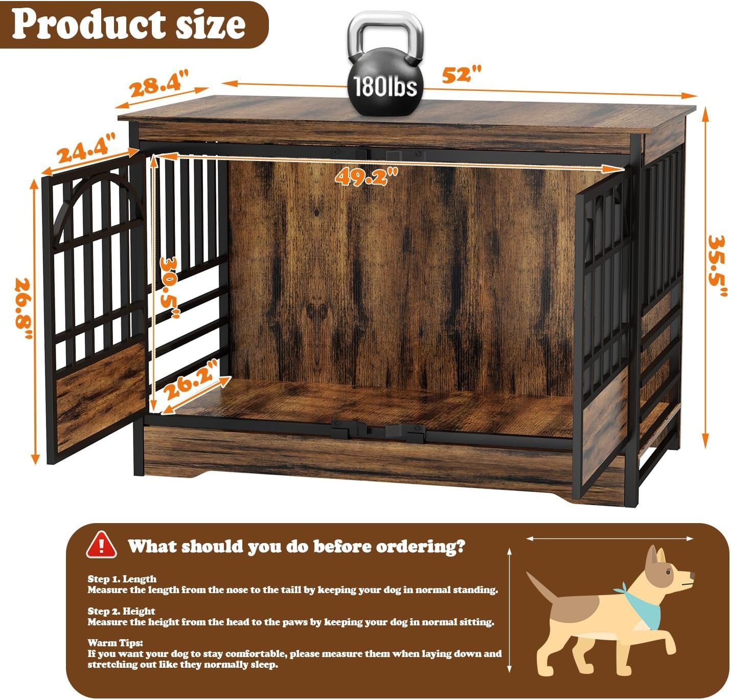 52 Inch Dog Crate Furniture, Extra Large Dog Kennel Indoor for Xlarge Breed, Heavy Duty Dog Cage with Double Elegant Arched Doors, Decorate as TV Stand & End Table (Cognac Brown)