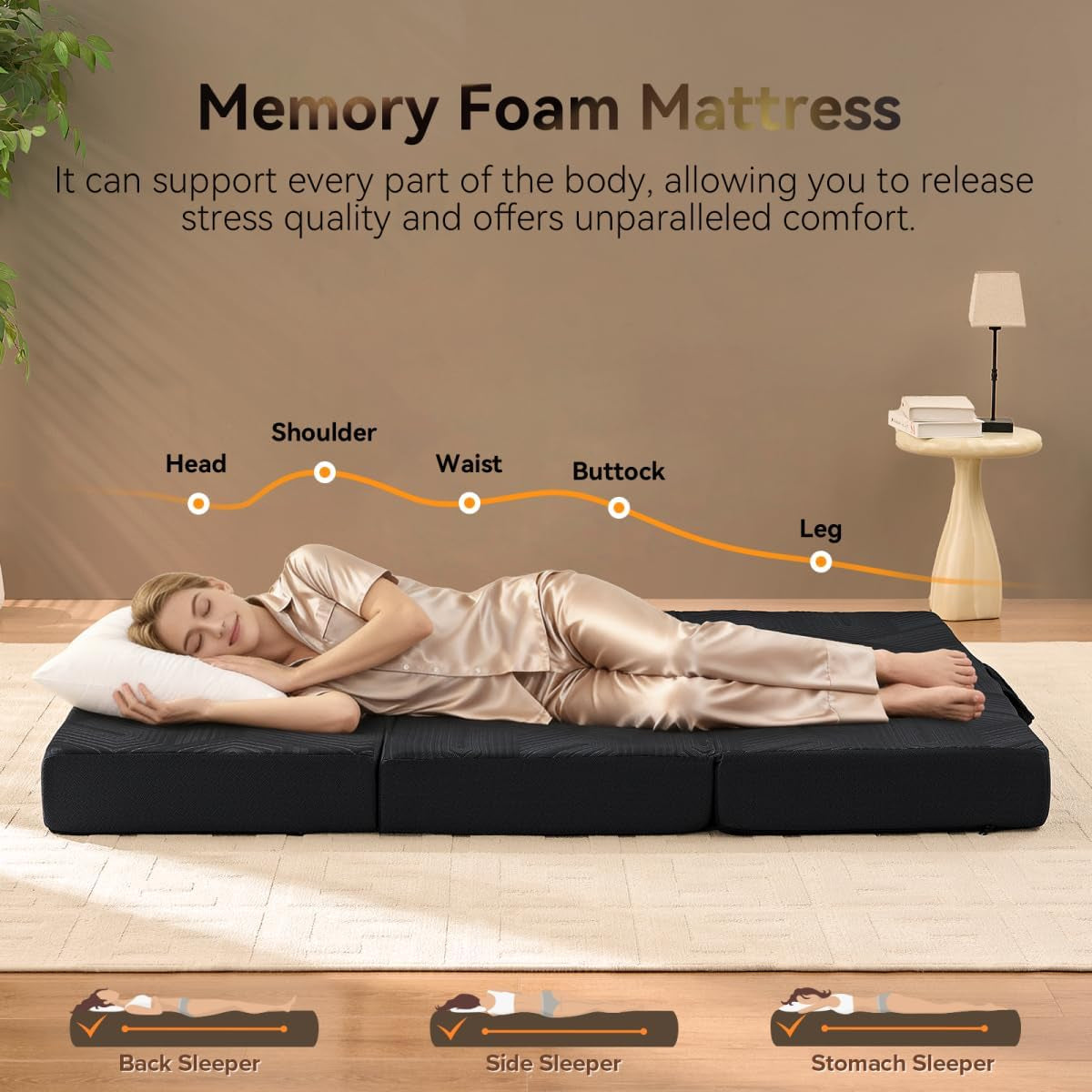 Memory Foam Mattress, Twin Size 6 Inch Tri-Fold Mattress, Handles and Non-Slip Bottom, Mattress Topper with Washable Cover, Foldable Bed for Yoga, Living Room, Camping, 75"X 38" X 6", Black