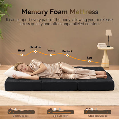 Memory Foam Mattress, Twin Size 6 Inch Tri-Fold Mattress, Handles and Non-Slip Bottom, Mattress Topper with Washable Cover, Foldable Bed for Yoga, Living Room, Camping, 75"X 38" X 6", Black