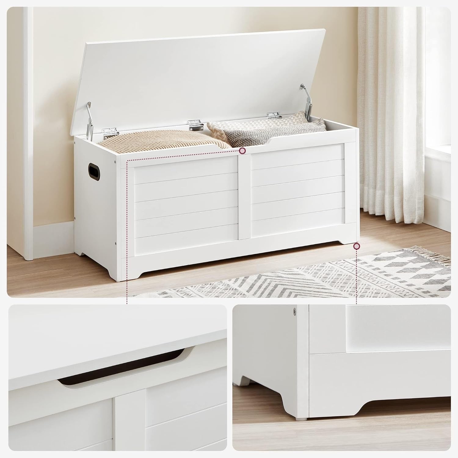 Storage Chest, Storage Bench with 2 Safety Hinges, Farmhouse Style, 15.7 X 39.4 X 18.1 Inches, for Entryway, Bedroom, Living Room, Heather Greige ULSB061K02