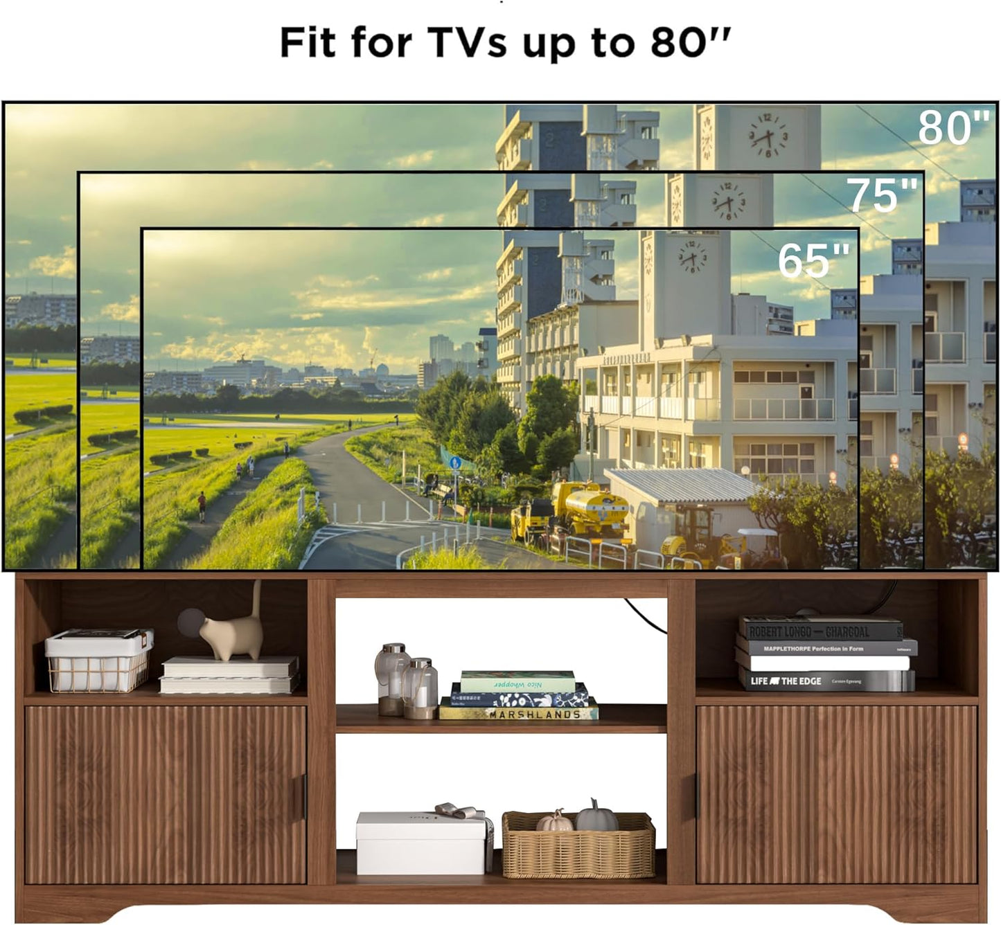 Fluted TV Stand for Tvs up to 80",Mid Century Modern TV Stand with Open Adjustable Shelf,Entertainment Center Wood TV Media Console with Cord Holes for Living Room Furniture Bedroom,Walnut