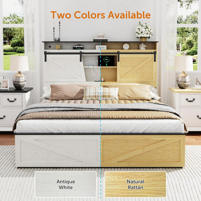 Queen Bed Frame with Barn Door Storage Headboard and 2 Drawers, USB Ports and LED Lights,Wood Platform Bed and All-Steel Support,No Noise,No Box Spring Needed,Antique White
