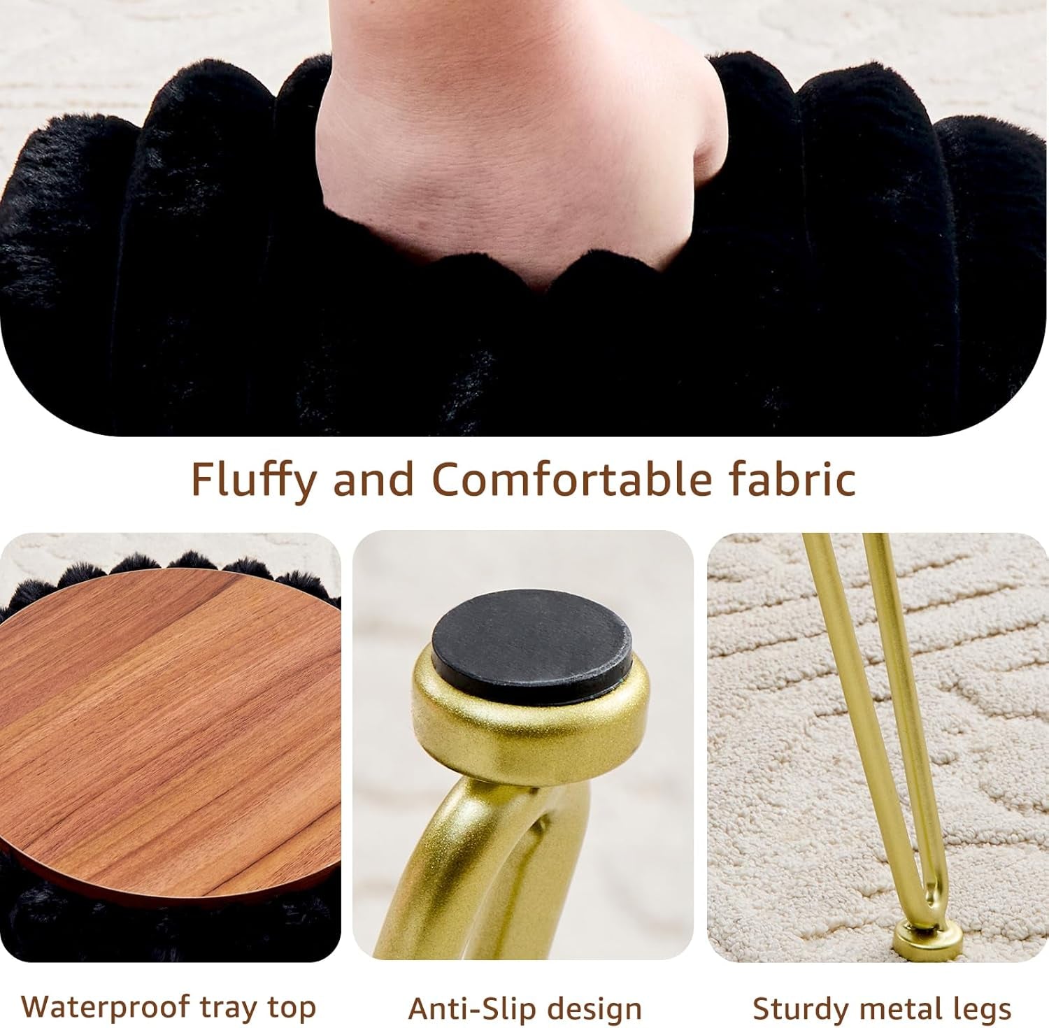 Vanity Stool with Storage, Faux Fur Ottoman Chair with Metal Legs, round Makeup Vanity Chair for Bedroom or Dressing Table, Modern Small Ottoman Seat (Black)