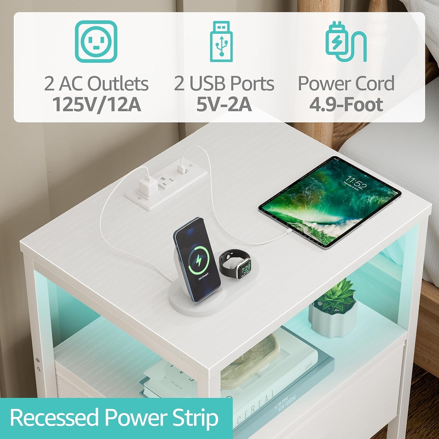 White Nightstand with Charging Station, LED Night Stand with Fabric Drawers and Shelf, Bedside Table with USB Ports and Outlets, Bedroom Nightstand Modern