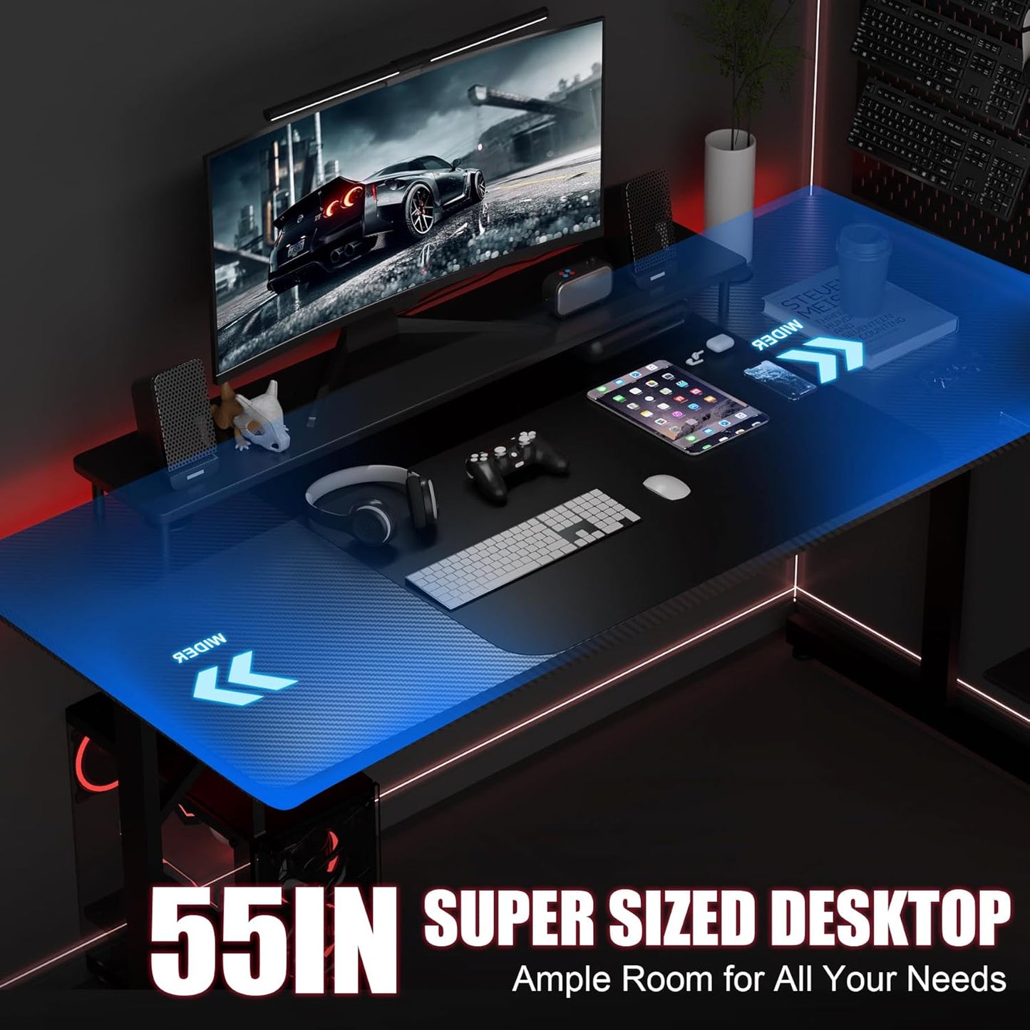 Gaming Desk 55 Inch with LED Lights, Large Computer Desk with Mouse Pad for Home Office, T-Shaped Carbon Fibre Surface PC Game Workstations with Headphone Hook