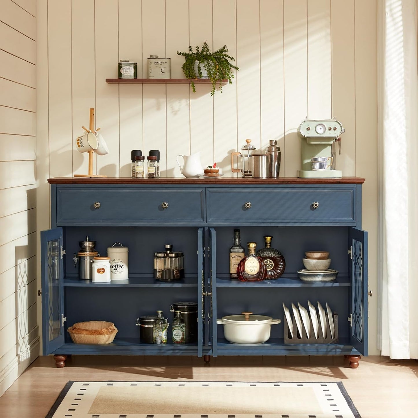 Farmhouse Sideboard Buffet Cabinet with Storage,59" Large Credenza with 4 Glass Doors & 2 Drawers,Adjustable Shelves Console Table,Wood Kitchen Coffee Bar for Dining Room,Living Room,Navy Blue