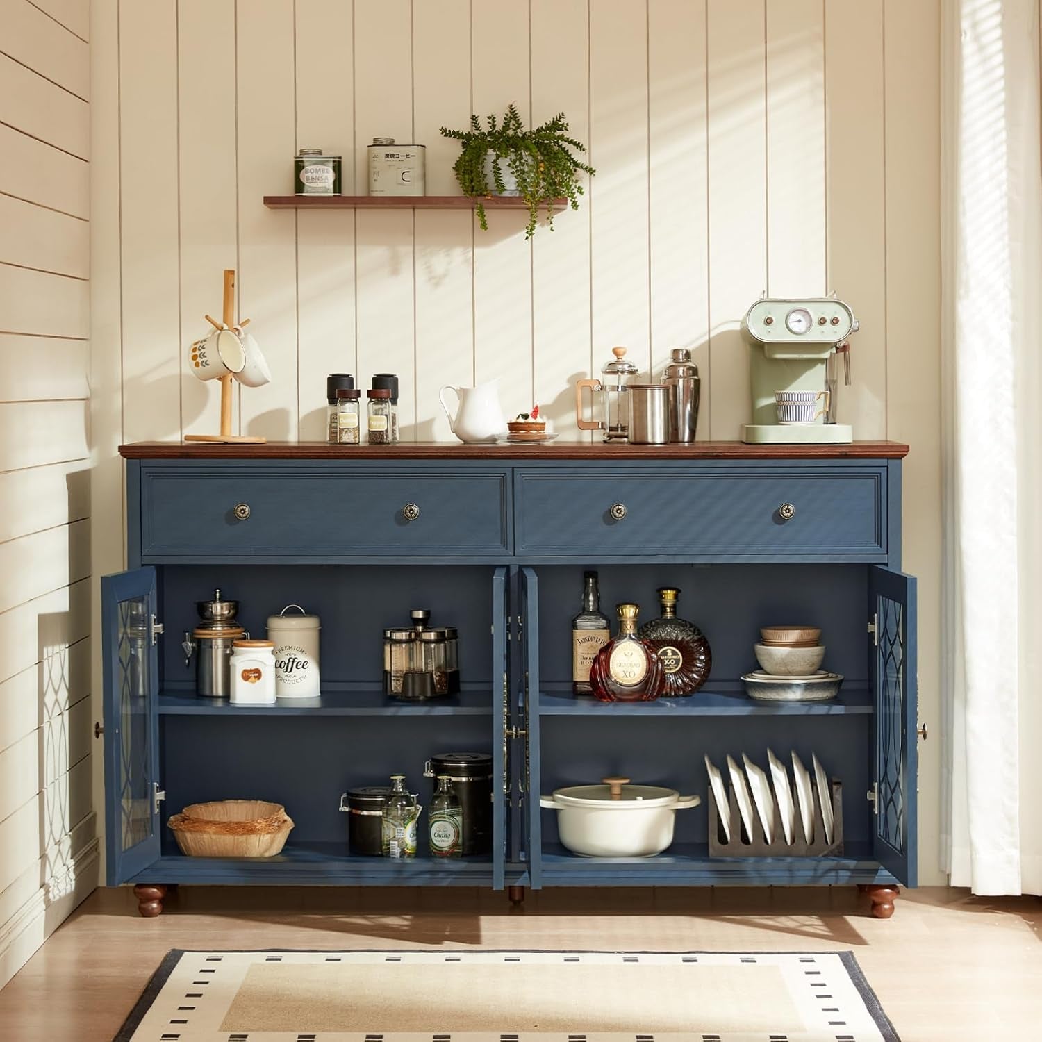 Farmhouse Sideboard Buffet Cabinet with Storage,59" Large Credenza with 4 Glass Doors & 2 Drawers,Adjustable Shelves Console Table,Wood Kitchen Coffee Bar for Dining Room,Living Room,Navy Blue
