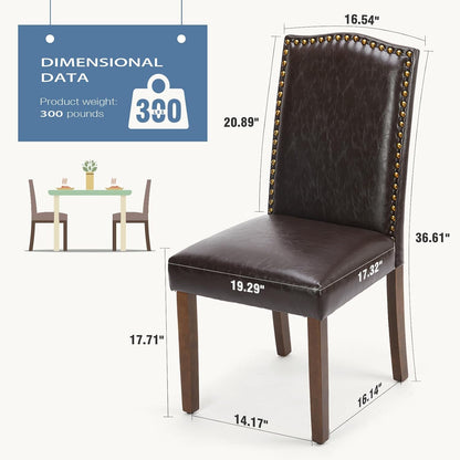 Upholstered Dining Chairs，Set of 2 PU Leather Dining Room Kitchen Chair with Nailhead Trim and Wood Legs, Modern Side Chairs for Living Room-Brown