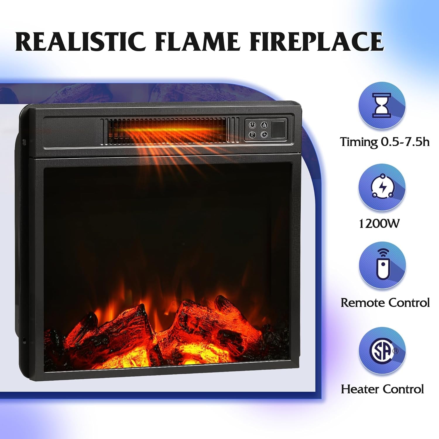 Fireplace TV Stand for up to 65 Inch Tvs, Modern LED Entertainment Center with Electric Fireplace Heater & Adjustable Glass Shelves, Sturdy Media Console for Living Room, Bedroom,Gaming (Black)