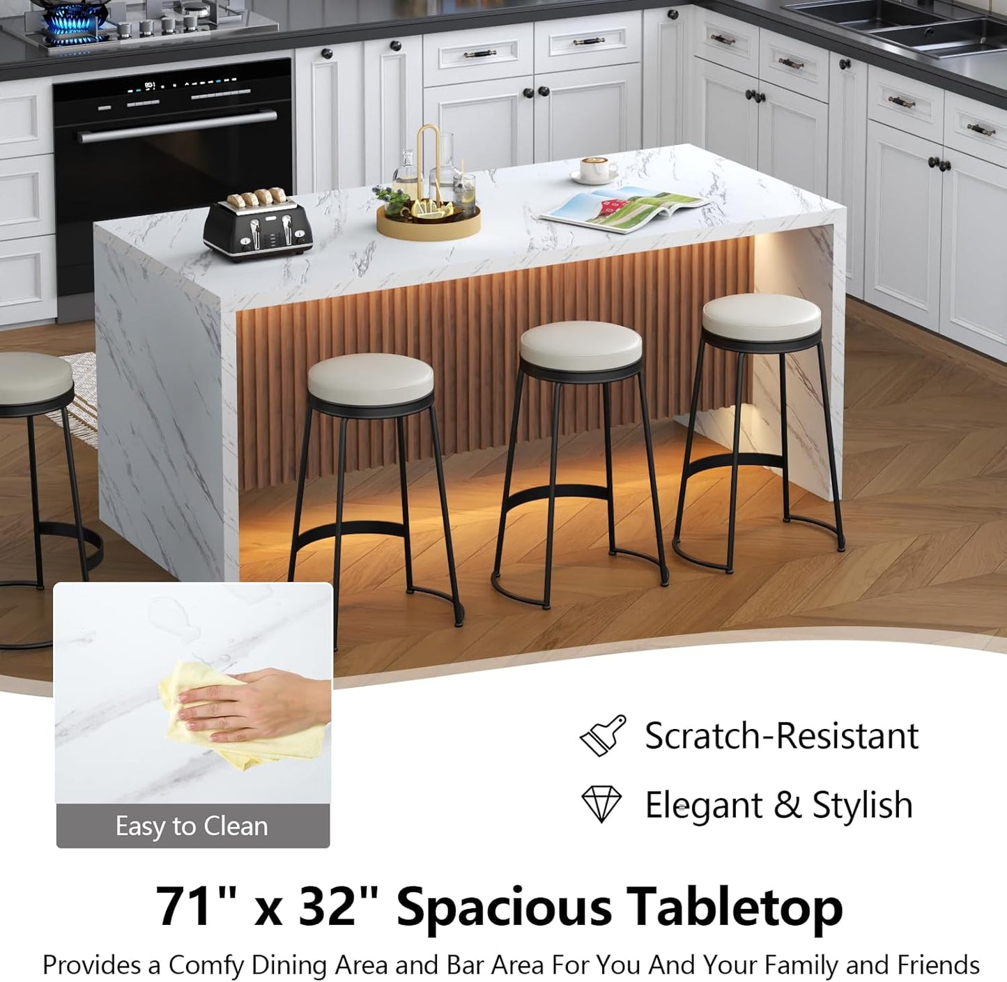 71" Large Imitation Marble Dining Table for 6-8 People(Patent Pending), Island Table with LED Lights, Mordern Marble Stripes Kitchen Dining Table with Grille Design for Dining Room,Living Room,White