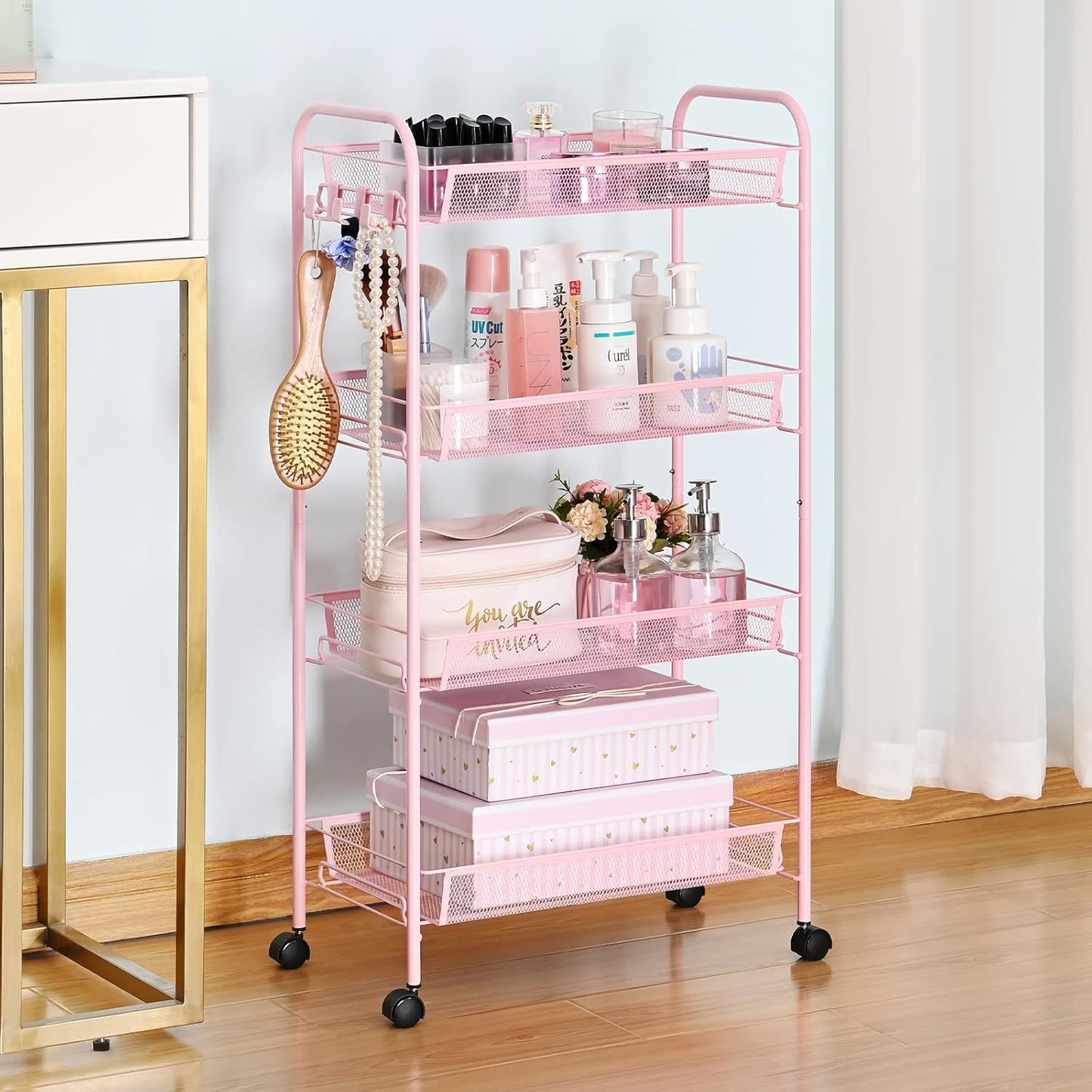 4 Tier Rolling Utility Cart - Durable Metal Design Pink Utility Cart, Storage Trolley on Wheels with 3 Hooks, Perfect for Kitchen, Bathroom & Laundry Room Organization