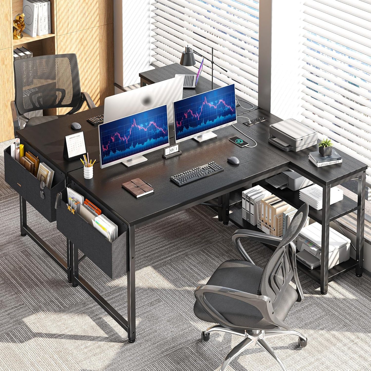 48" L Shaped Desk Office Desk with Power Outlets,Computer Desk with Reversible Storage Shelves & Side Bag,Small Gaming Desk for Gaming Working Small Space Home Office Bedroom,Black