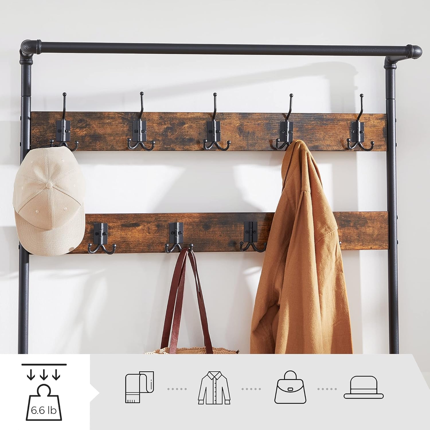 Coat Rack, 3-In-1 Hall Tree, Entryway Shoe Bench Coat Stand, Storage Shelves Accent Furniture Steel Frame Large Size, Industrial, Rustic Brown and Bronze UHSR45AX