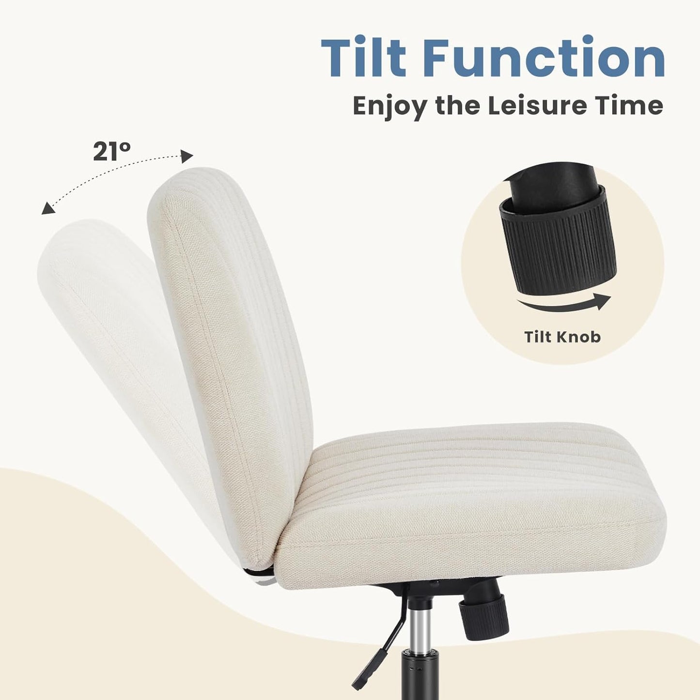 Criss Cross Chair No Wheels Wide Cross Legged Office Desk Vanity Chair Comfy Fabric Armless Adjustable Swivel for Home Computer Task (Beige)