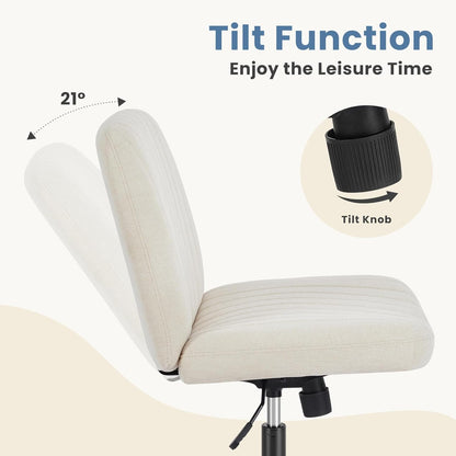 Desk Chair No Wheels, Criss Cross Chair Wide Cross Legged Office Desk Vanity Comfy Chair, Armless Adjustable Swivel Chairs for Home Computer Task Beige