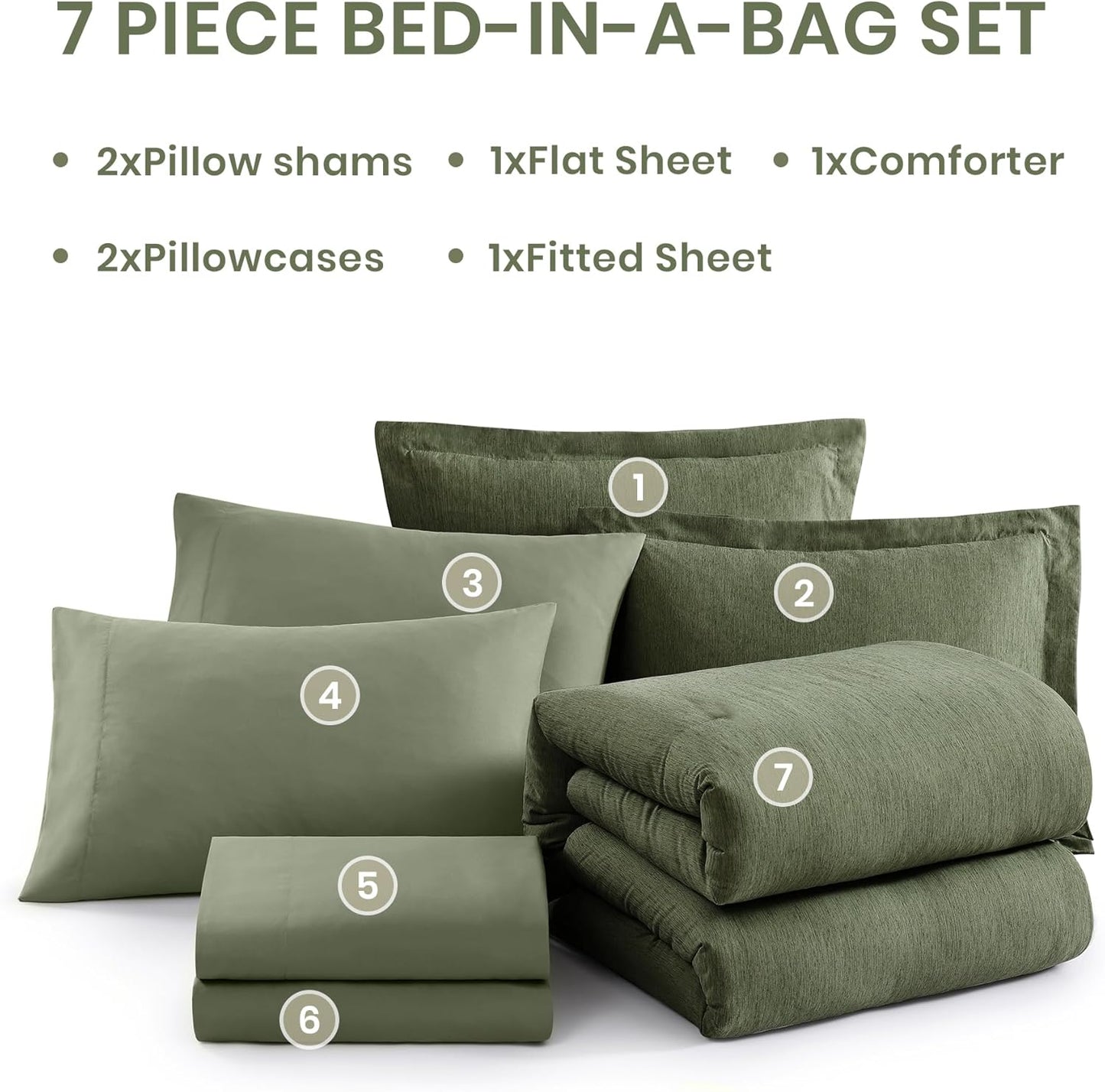 Queen Comforter Set - 7 Pieces Cationic Dyeing Olive Green Bed in a Bag Queen Bedding Sets with Comforter, Sheets, Pillowcases & Shams, Reversible Bedding Comforters Sets
