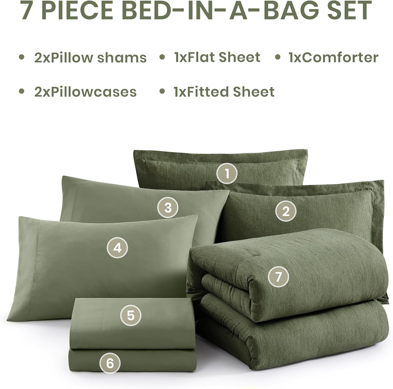 Queen Comforter Set - 7 Pieces Cationic Dyeing Olive Green Bed in a Bag Queen Bedding Sets with Comforter, Sheets, Pillowcases & Shams, Reversible Bedding Comforters Sets