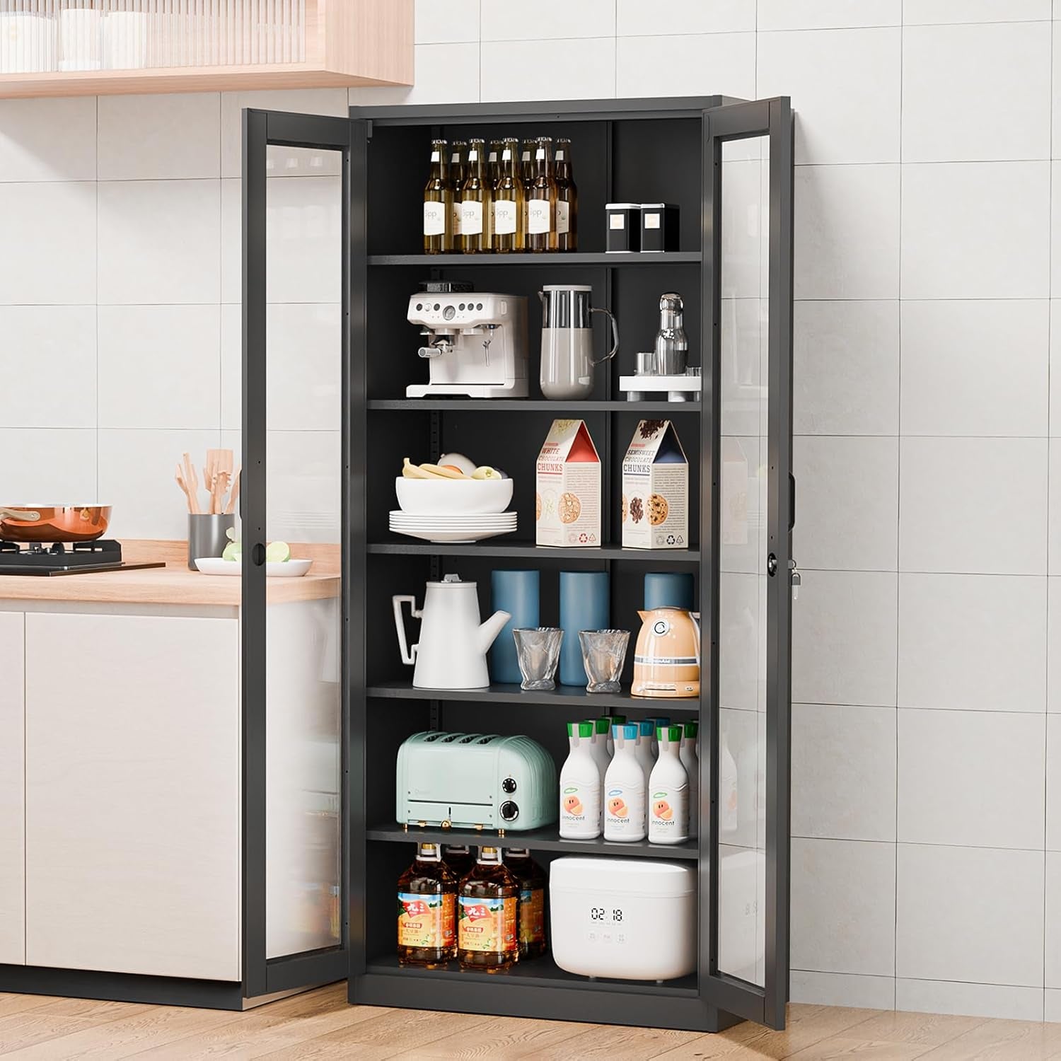 Lockable Display Cabinet with Glass Doors & 5 Adjustable Shelves, 71" Tall Black Metal Storage Cabinet Curio Liquor, Bookshelf Bookcase for Home Office Living Room Pantry Garage