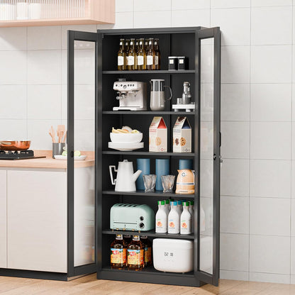Lockable Display Cabinet with Glass Doors & 5 Adjustable Shelves, 71" Tall Black Metal Storage Cabinet Curio Liquor, Bookshelf Bookcase for Home Office Living Room Pantry Garage