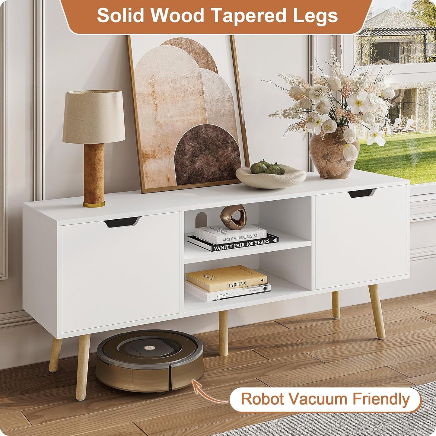 White TV Stand for 50 55 60 Inch Tvs - Media Console with 2 Cabinets & Open Shelves, Solid Wood Legs - TV Consoles for Living Room - 22" H Entertainment Center for Bedroom