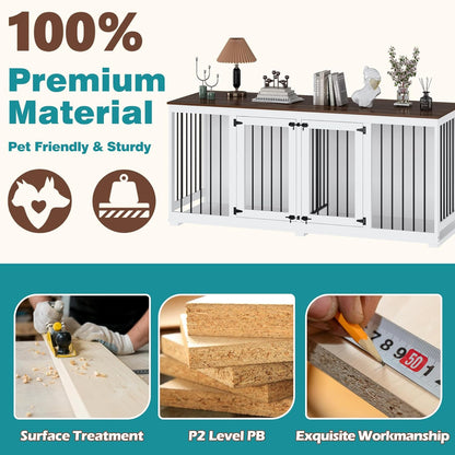 70.9" Large Double Dog Crate Furniture, Wooden Dog Kennel House with Divider & 2 Trays, for Large or 2 Medium Breeds Indoor, White