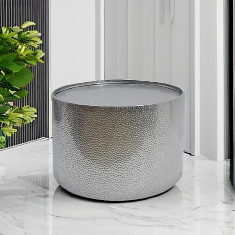 Rache Modern round Coffee Table with Hammered Iron, Silver, 26. 00” L X 26. 00” W X 17. 25” H