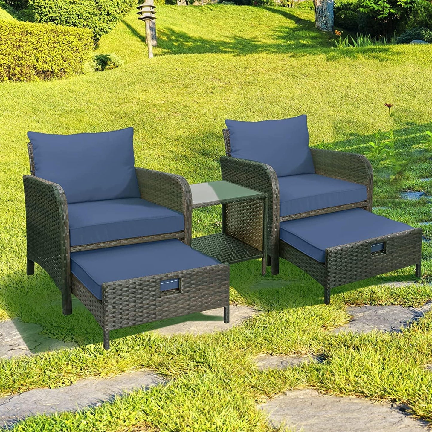 Balcony Furniture 5 Piece Patio Conversation Set, PE Wicker Rattan Outdoor Lounge Chairs with Soft Cushions 2 Ottoman&Glass Table for Porch, Lawn-Brown Wicker