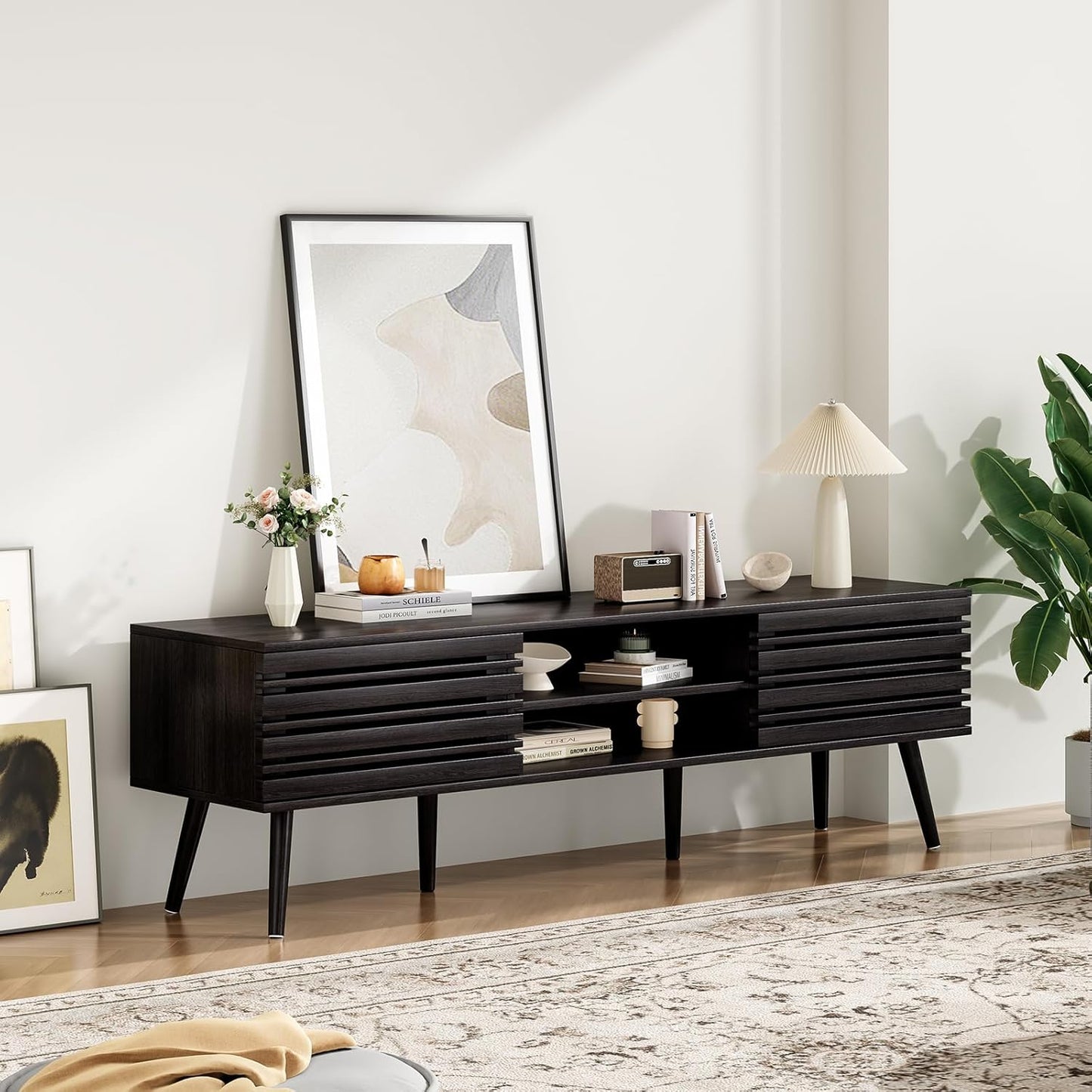 Mid Century Modern TV Stands for up to 70" TV with Storage, Fluted Wood TV Stand for Living Room, Boho Media Console, Entertainment Center with Cable Management