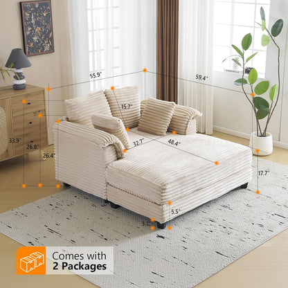 56" Oversized Chaise Lounge Chair, Beige Comfy Corduroy Chaise Sofa Recliner Bed Upholstered Sleeper Couch Bed with Throw Pillows and Armrests for Living Room, Movie Room, Bedroom
