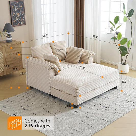 56" Oversized Chaise Lounge Chair, Beige Comfy Corduroy Chaise Sofa Recliner Bed Upholstered Sleeper Couch Bed with Throw Pillows and Armrests for Living Room, Movie Room, Bedroom