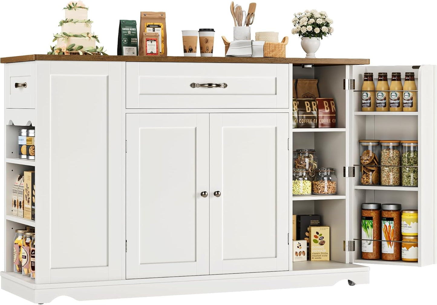 Kitchen Island Cart with Storage, 47'' Kitchen Storage Island on Wheels with 2 Drawers, Rolling Island Table with Adjustable Shelves, Mobile Buffet Sideboard Cabinet for Dining Room, White