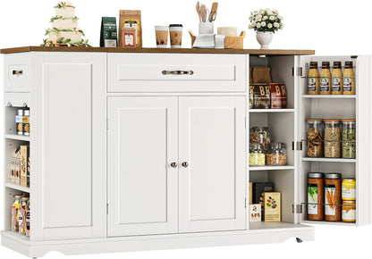 Kitchen Island Cart with Storage, 47'' Kitchen Storage Island on Wheels with 2 Drawers, Rolling Island Table with Adjustable Shelves, Mobile Buffet Sideboard Cabinet for Dining Room, White