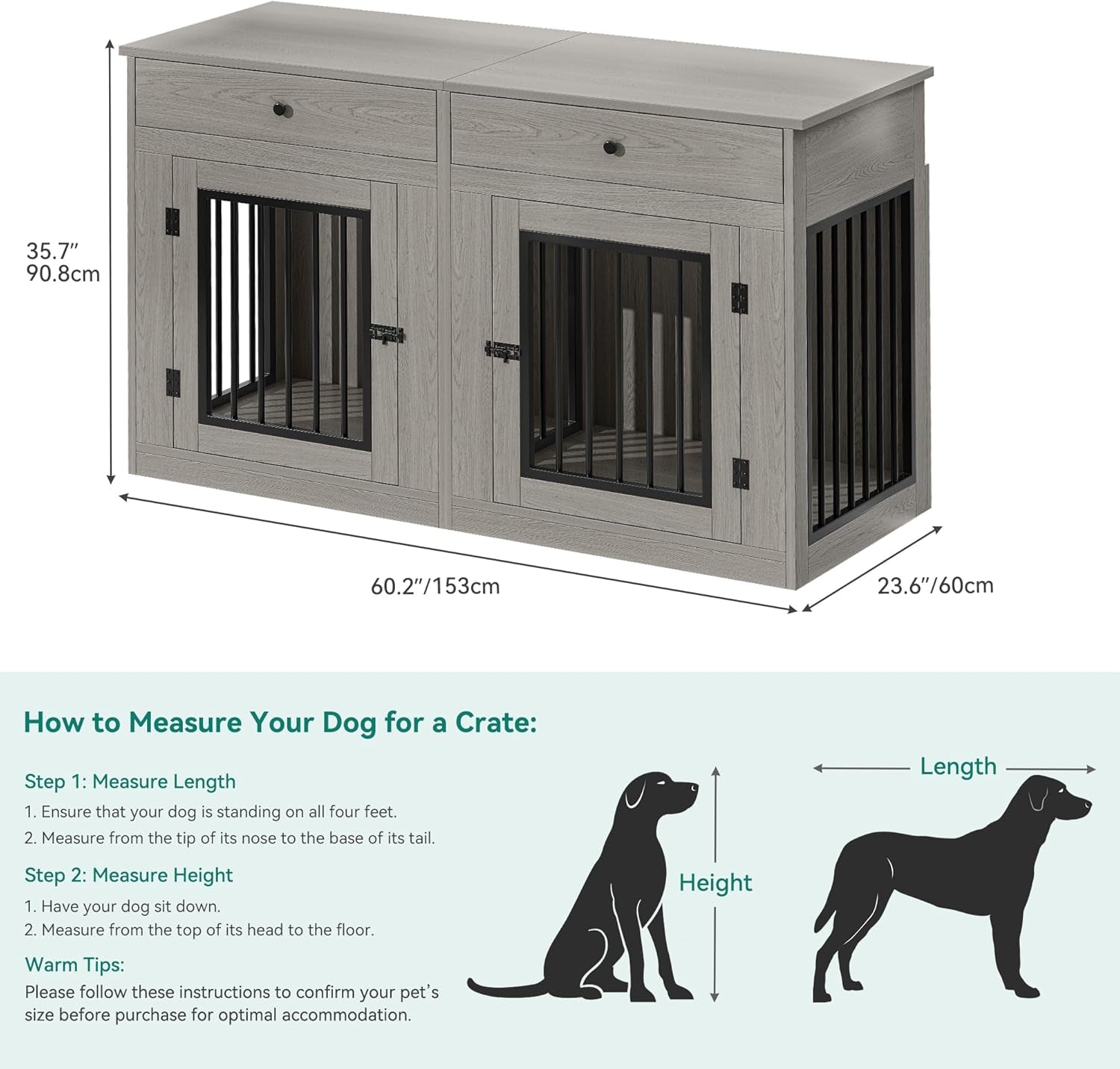 60" Wooden Dog Crate Furniture with Removable Divider & Storage Drawers, Double Door Kennel with Locks for Medium and Large Dogs, Multi-Functional Dog Crate End Table for Indoor Use, Grey