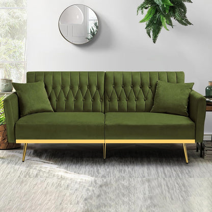 70” Velvet Futon Sofa Bed W/Adjustable Armrests & 2 Pillows, Convertible Futon Couch W/Adjustable Backrests, Modern Sleeper Bed for Living Room, Bedroom, Olive Green
