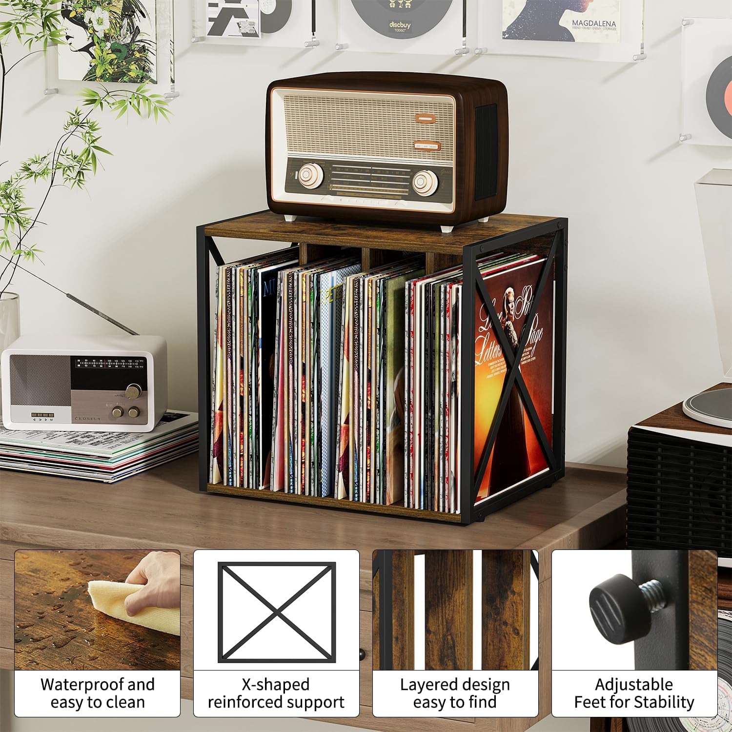 Vinyl Record Storage,Vinyl Record Holder up to 80-100 Albums,4-Compartment Record Player Stand for Magazine,Book,Cd,Files,Albums