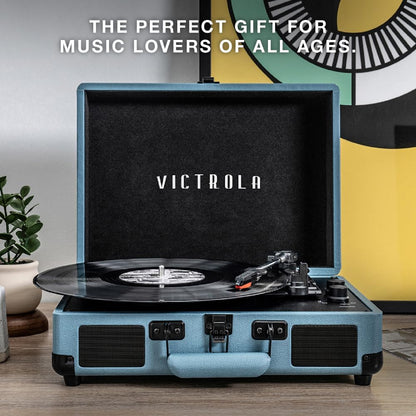 Journey Bluetooth Portable Suitcase Record Player – with Built-In Speakers, 3 Speed Vinyl Record Player, RCA Out, Headphone Jack (Gray)