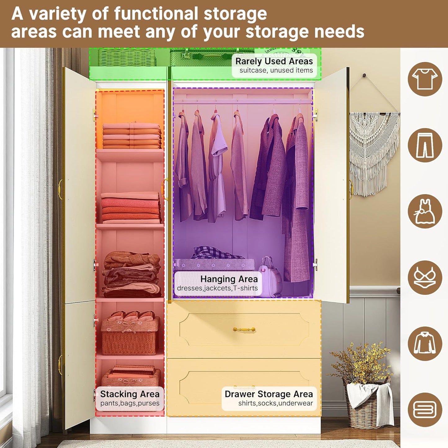 75" Tall 3 Doors Armoire Wardrobe Closet with Mirror and LED Light,Modern Freestanding White Wardrobe Armoire for Bedroom with Drawers,Modern Clothing Storage Cabinet for Bedroom(White)