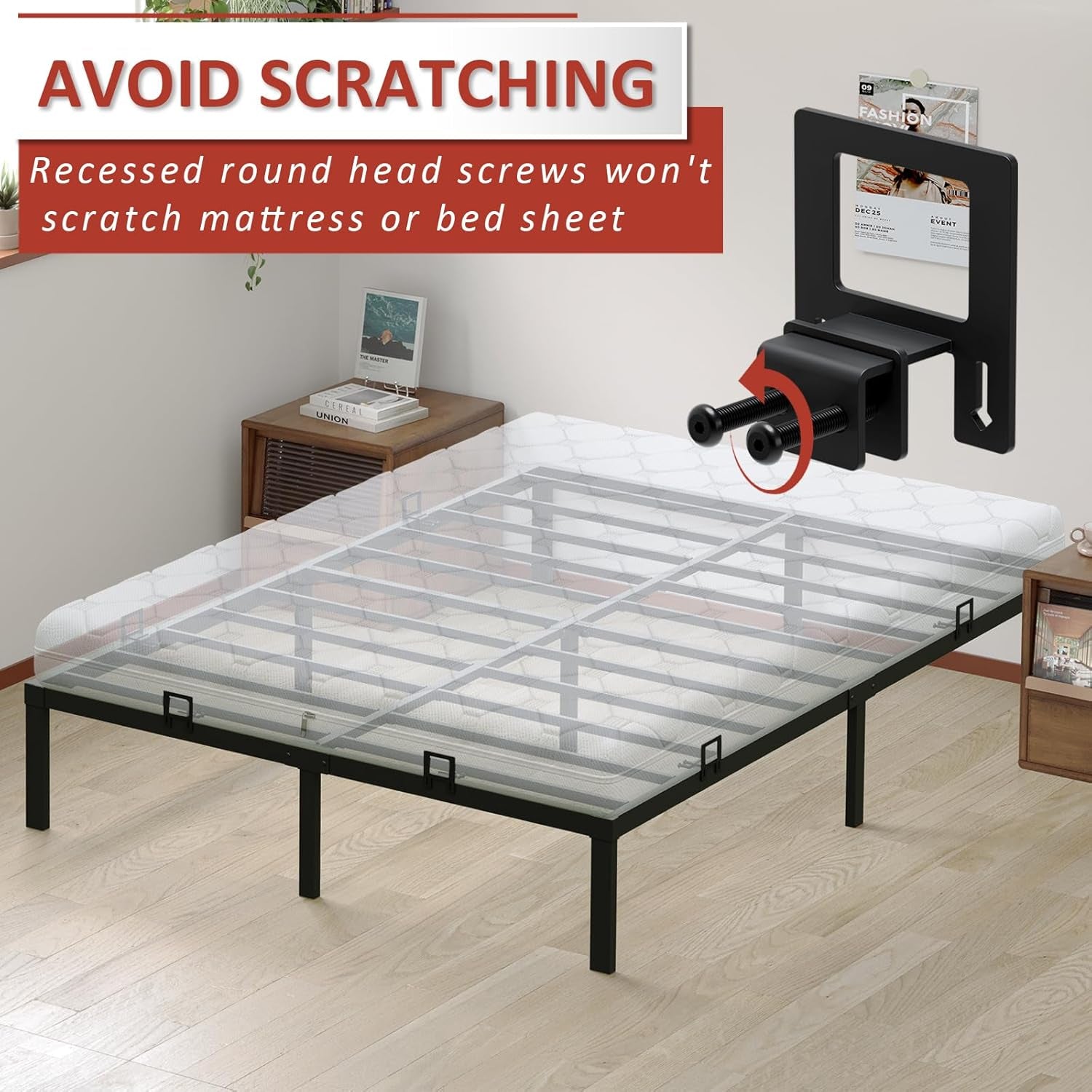 6-Pack Non-Slip Mattress Grippers for Metal Bed Frame, Heavy Duty Mattress Gaskets, Adjustable Anti-Slide Brackets, Black – Includes Screws & Allen Wrench