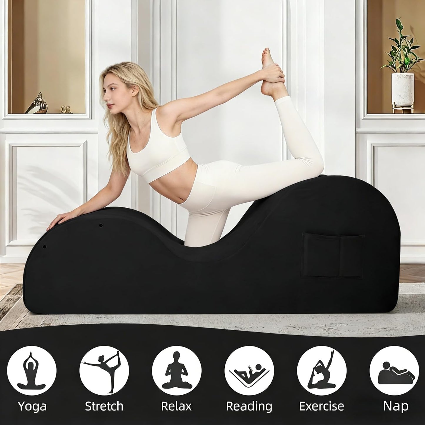 Chaise Lounge Chair for Yoga, Chaise Lounge with Headrest, Waist Pad, Foot Pad, Washable Cover Side Pockets Non-Slip Bottom, Yoga Chair for Relaxation Stretching (Black, Large)