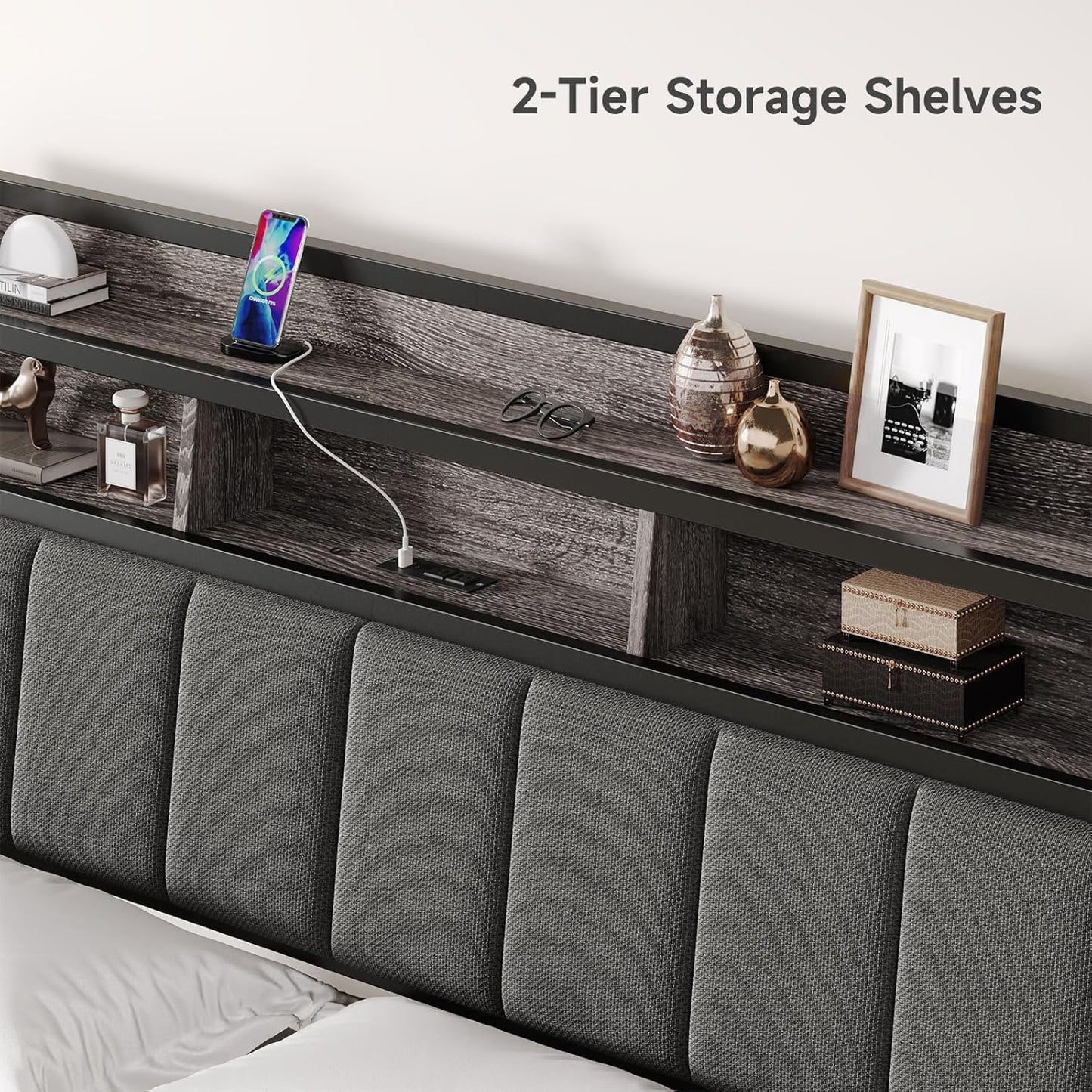 Queen Size Headboard with Outlets, Upholstered Ergonomic Headboard with 2-Tier Storage, LED Light, Queen Head Board Only, Height Adjustable, Sturdy and Stable, Black & Grey