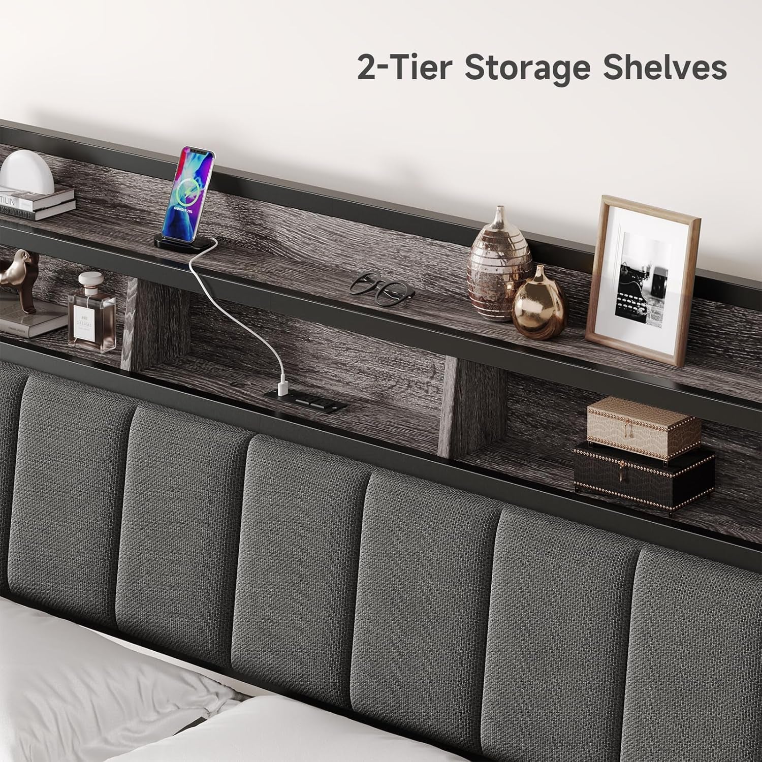 Queen Size Headboard with Outlets, Upholstered Ergonomic Headboard with 2-Tier Storage, LED Light, Queen Head Board Only, Height Adjustable, Sturdy and Stable, Black & Grey