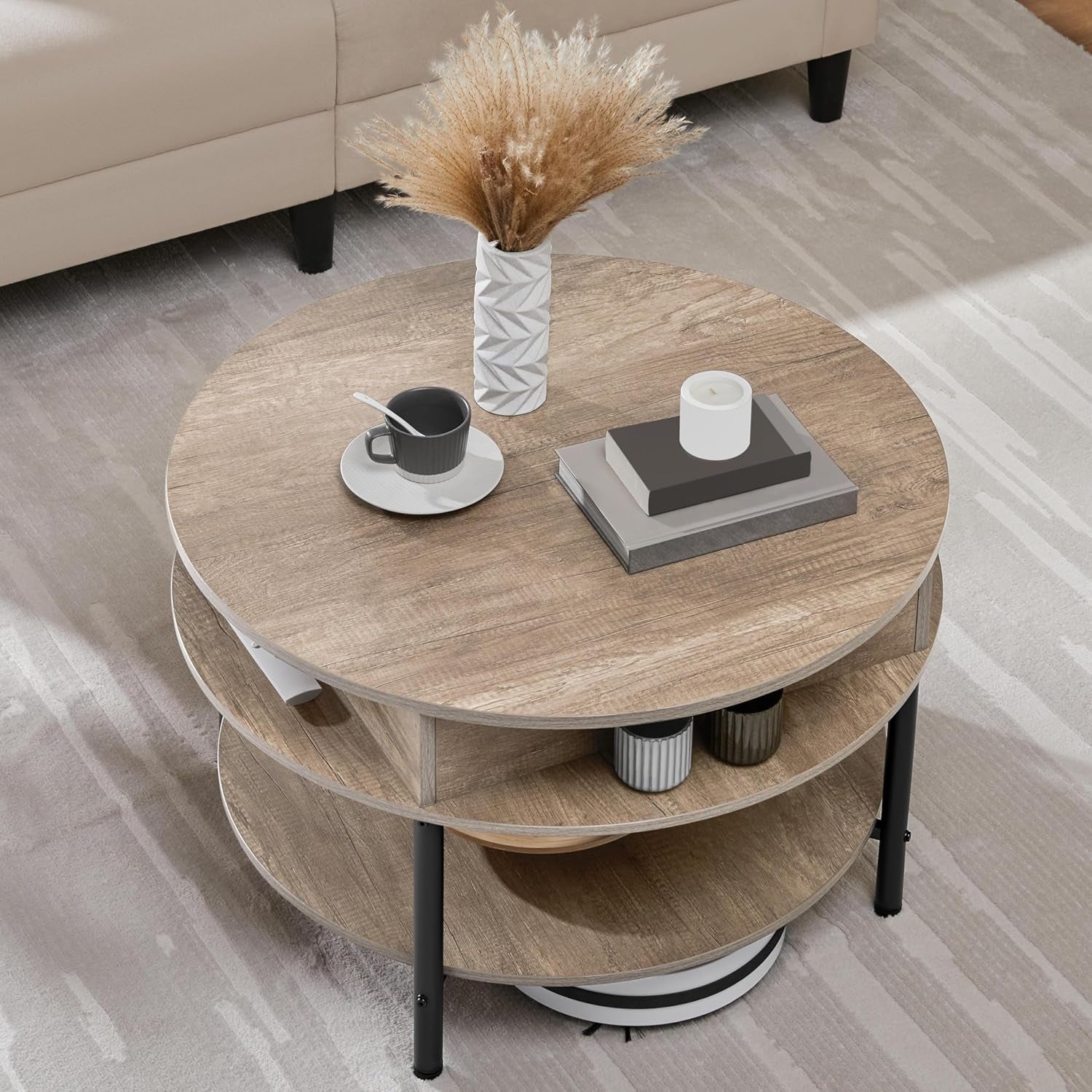 round Lift Top Coffee Table with Hidden Compartment & Storage Shelf, 31'' Farmhouse Coffee Table Center Tables, 2-Tier Small round Dining Table for Living Room Reception Room, Gray