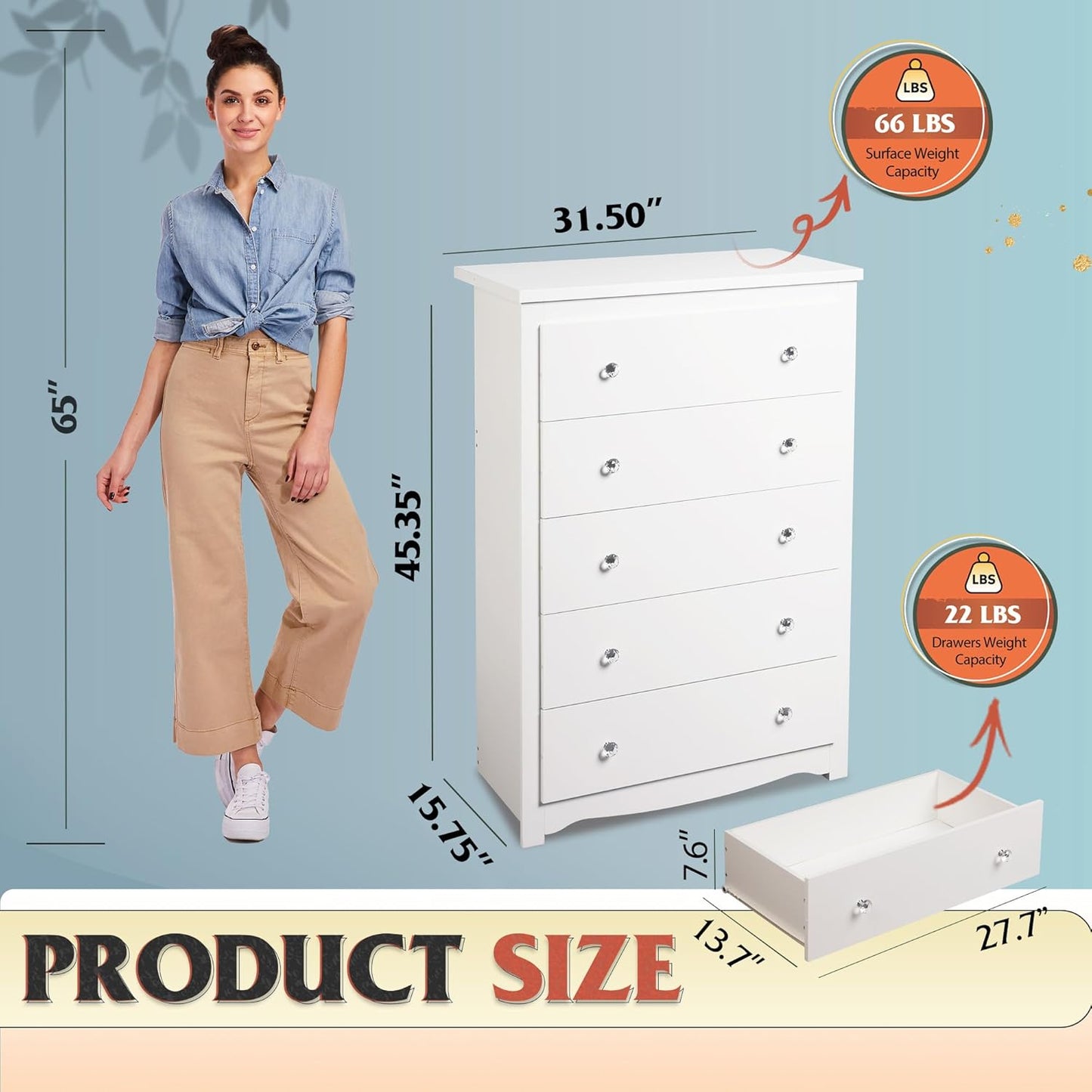 White 5 Drawer Wood Dresser, Wooden Chest of Drawers for Bedroom, Storage Cabinet and Organizer Drawers for Living Room, Hallway, Closet, Measuring 15.75" W*31.50" D*45.35" H
