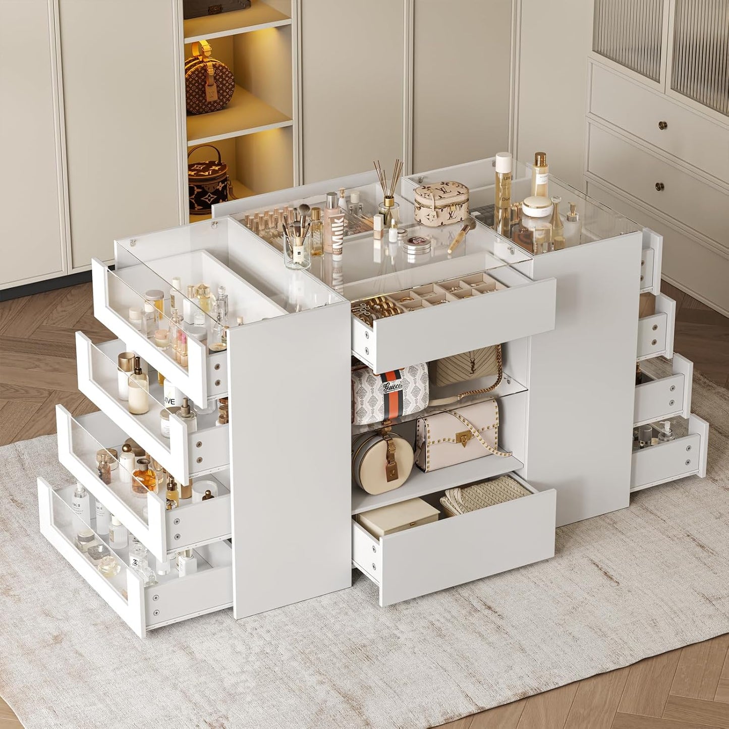 Closet Island with Drawers, Wardrobe Armoire Bedroom Island, Glass Display Shelf & 12 Drawers, White Dresser with Glass Top, Walk-In Closet Island for Bedroom, Cloakroom