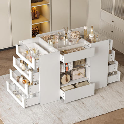 Closet Island with Drawers, Wardrobe Armoire Bedroom Island, Glass Display Shelf & 12 Drawers, White Dresser with Glass Top, Walk-In Closet Island for Bedroom, Cloakroom